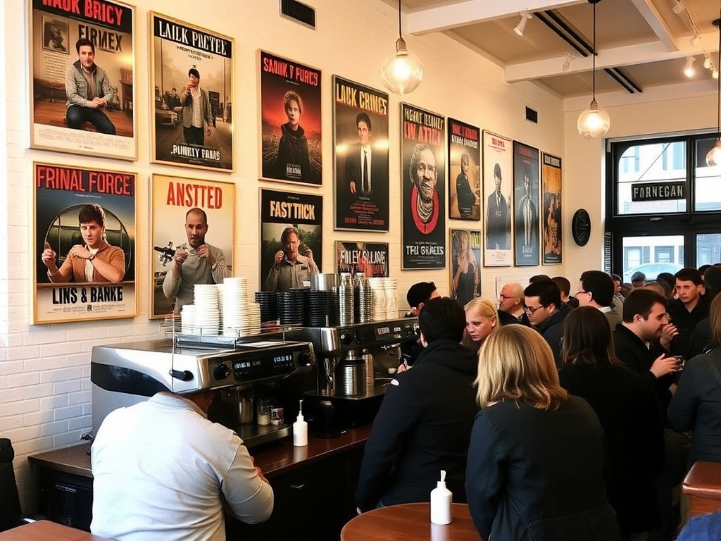 hipster coffee shop, film posters on wall, espresso machine, relaxed crowd Kensington Market