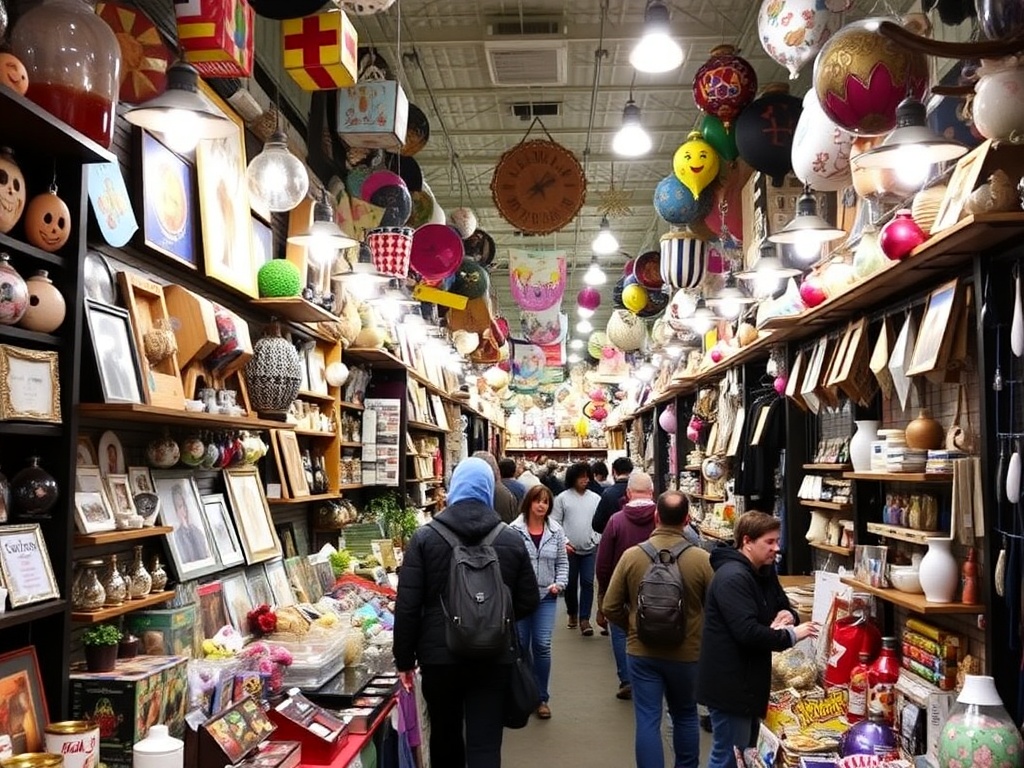 indoor market eclectic gifts, colorful walls, quirky home goods, crowded aisles Kensington Market