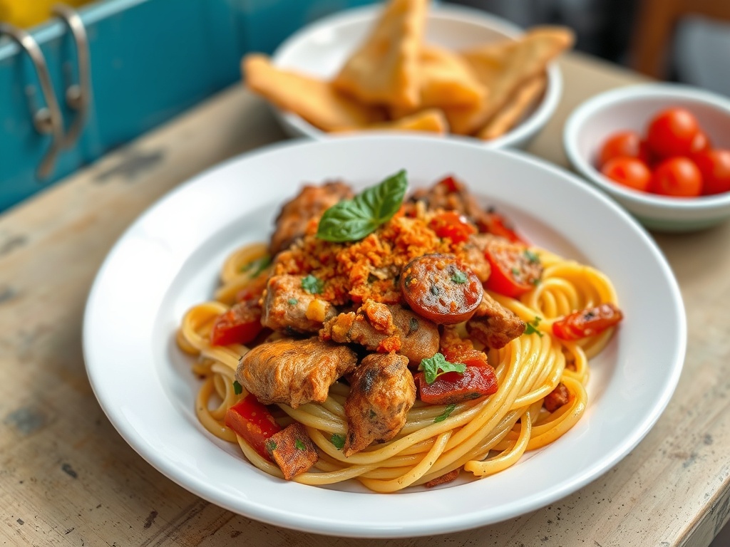 jerk chicken pasta plate vibrant colors, Caribbean Italian fusion food, casual street food setting