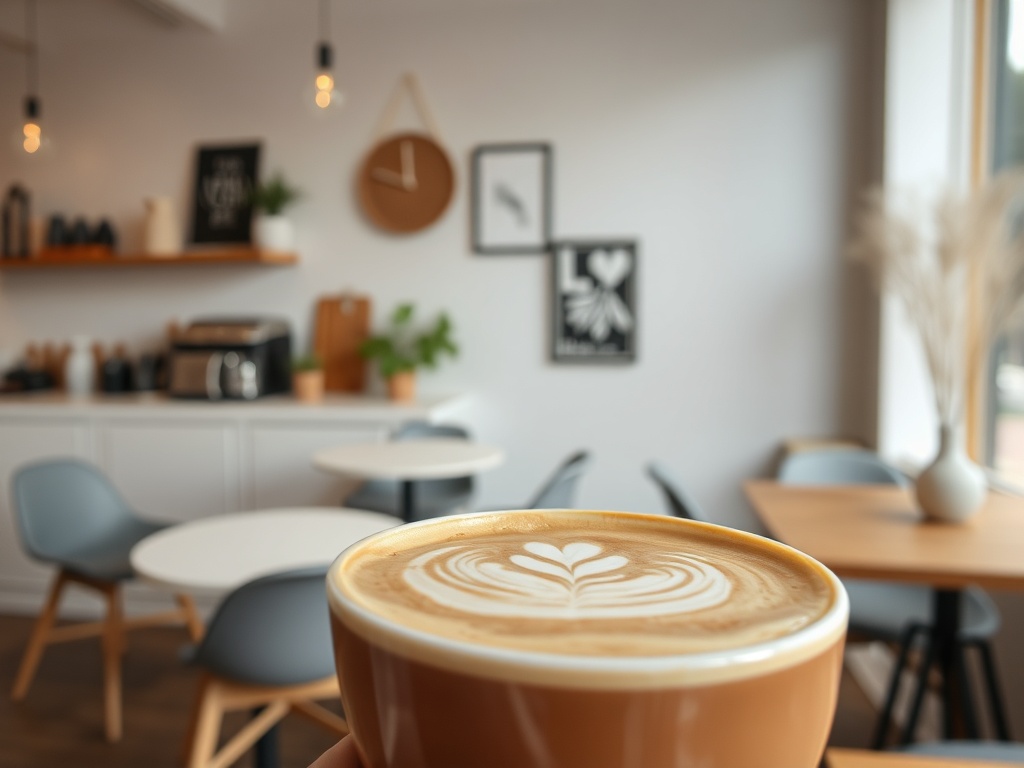 minimalist cafe interior, latte art close-up, Scandinavian style decor, calm atmosphere