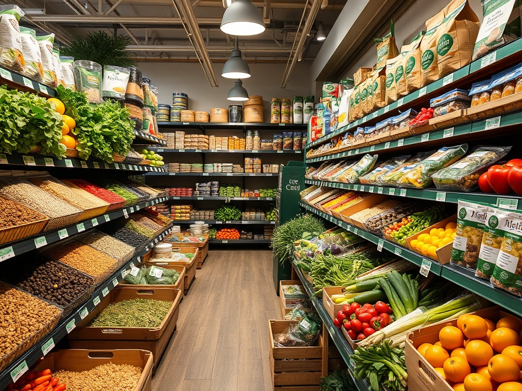 organic grocery store shelves bulk bins, fresh produce, natural foods interior Kensington Market