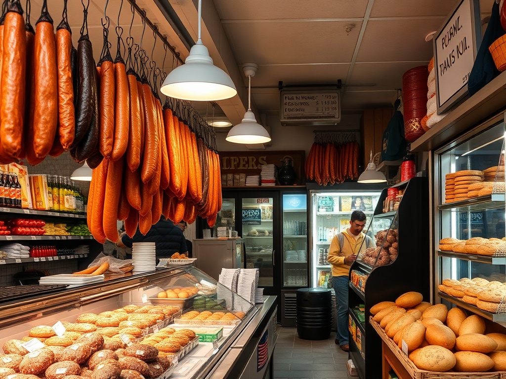 Portuguese grocery store deli counter, hanging sausages, fresh bread, bustling interior
