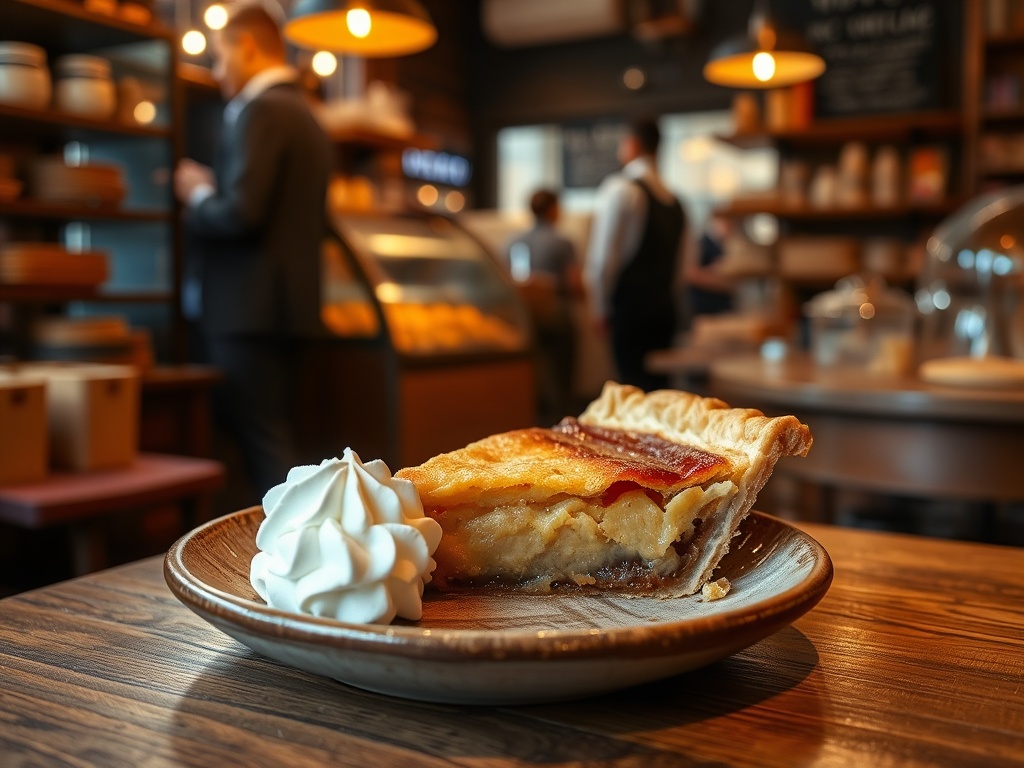 slice of homemade pie with whipped cream on rustic plate, cozy bakery interior Kensington Market, warm lighting
