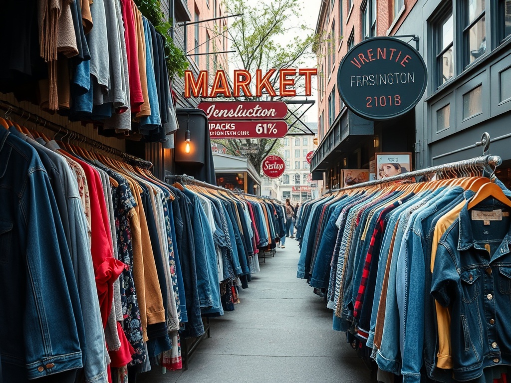 vintage clothing racks packed tight, denim jackets, retro signage, Kensington Market street vibe