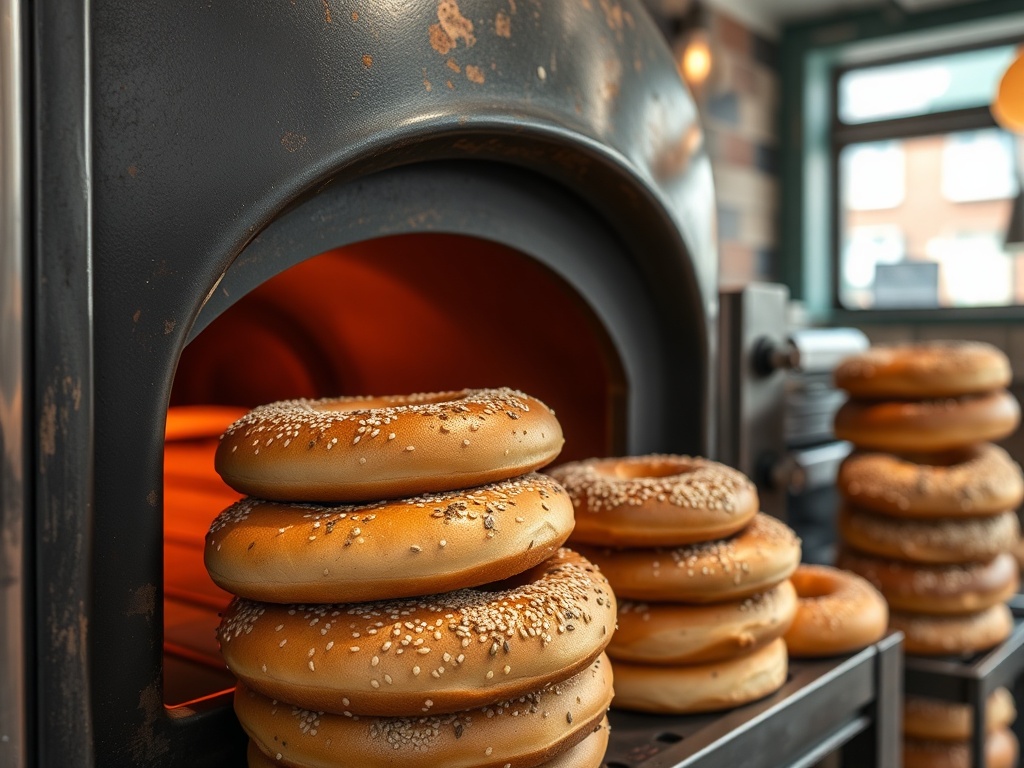 wood fired bagels fresh out of oven, Montreal style bagel shop interior, sesame bagels stacked