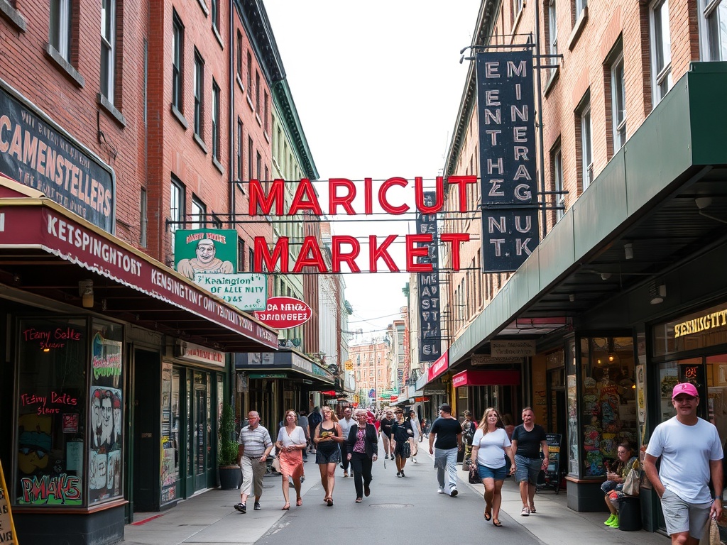 busy Kensington Market street with colorful storefronts, murals, pedestrians, vintage signage, summer daylight
