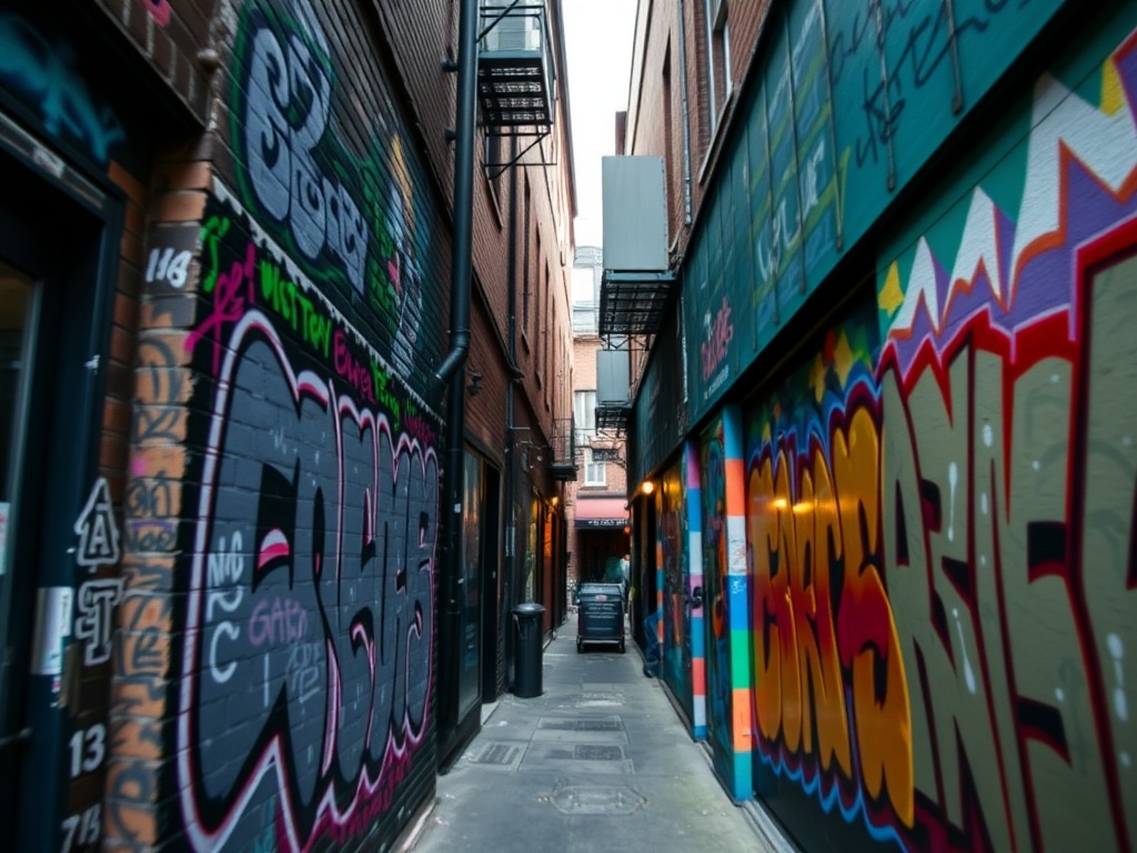colorful graffiti alley in Kensington Market, murals, narrow walkway, urban art
