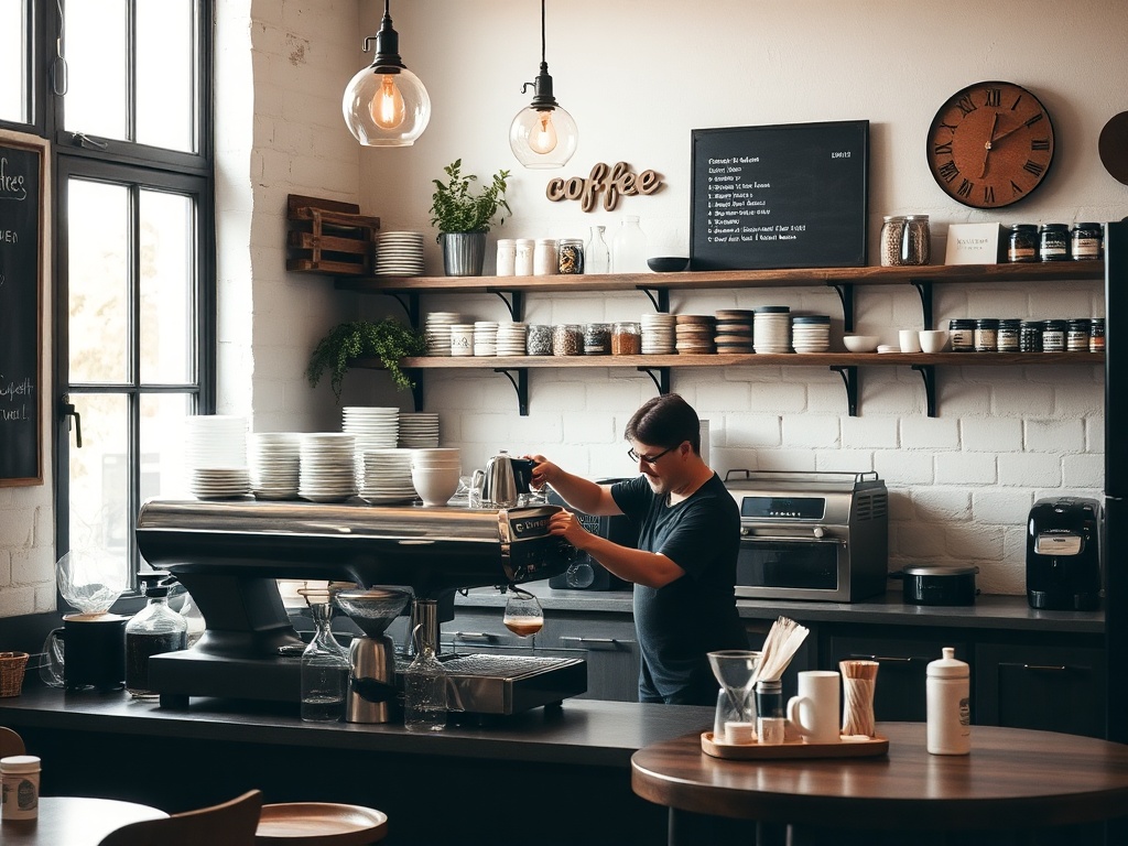 cozy independent coffee shop interior, barista pulling espresso, natural light, rustic decor