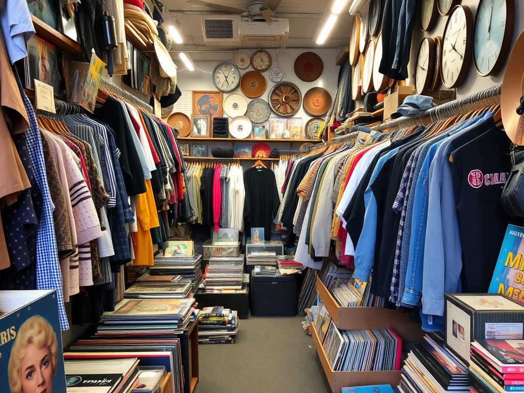 eclectic vintage shop packed with clothes, records, retro items, slightly messy but charming