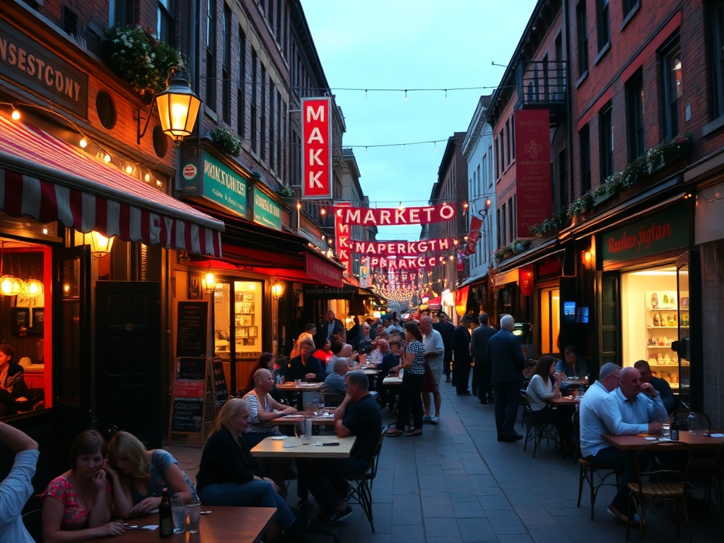 evening in Kensington Market, warm lights, small restaurants, people dining outside, cozy urban scene
