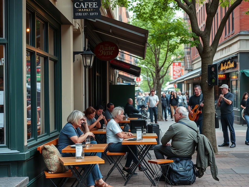 people sitting outside cafe in Kensington Market, casual seating, street performers nearby, relaxed vibe