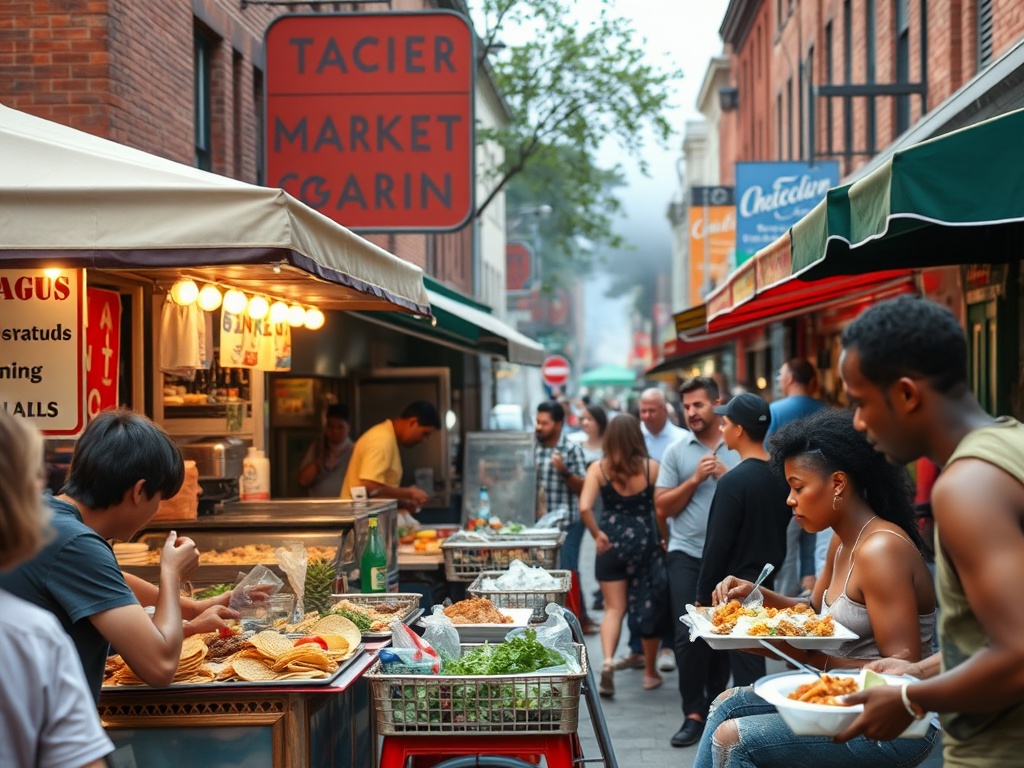 street food scene in Kensington Market, tacos, Caribbean food, people eating outdoors, lively atmosphere