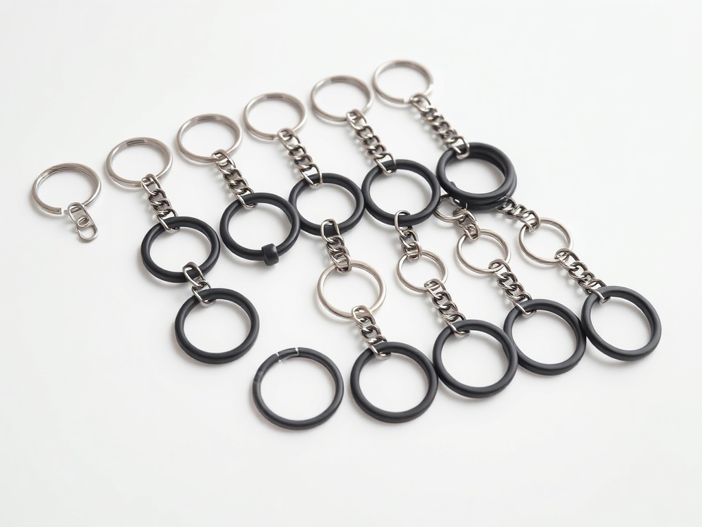 collection of keychains laid out neatly all using identical matte black rings, minimalist background
