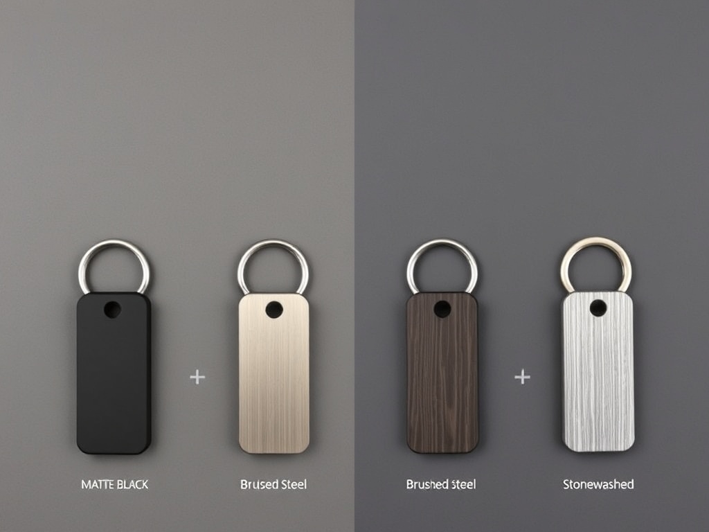 flat lay of different keychain finishes matte black brushed steel stonewashed comparison