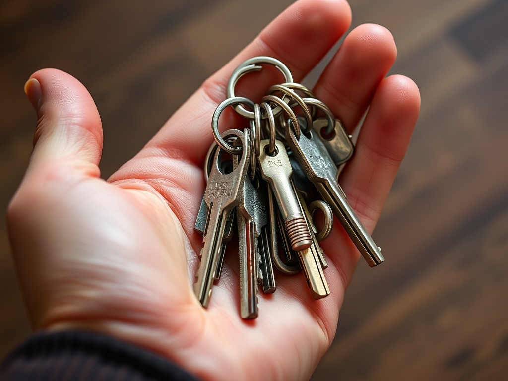 hand holding multiple keychains showing weight and metal texture close up