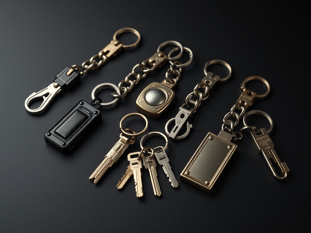 high end keychain collection displayed on dark surface with uniform hardware aesthetic