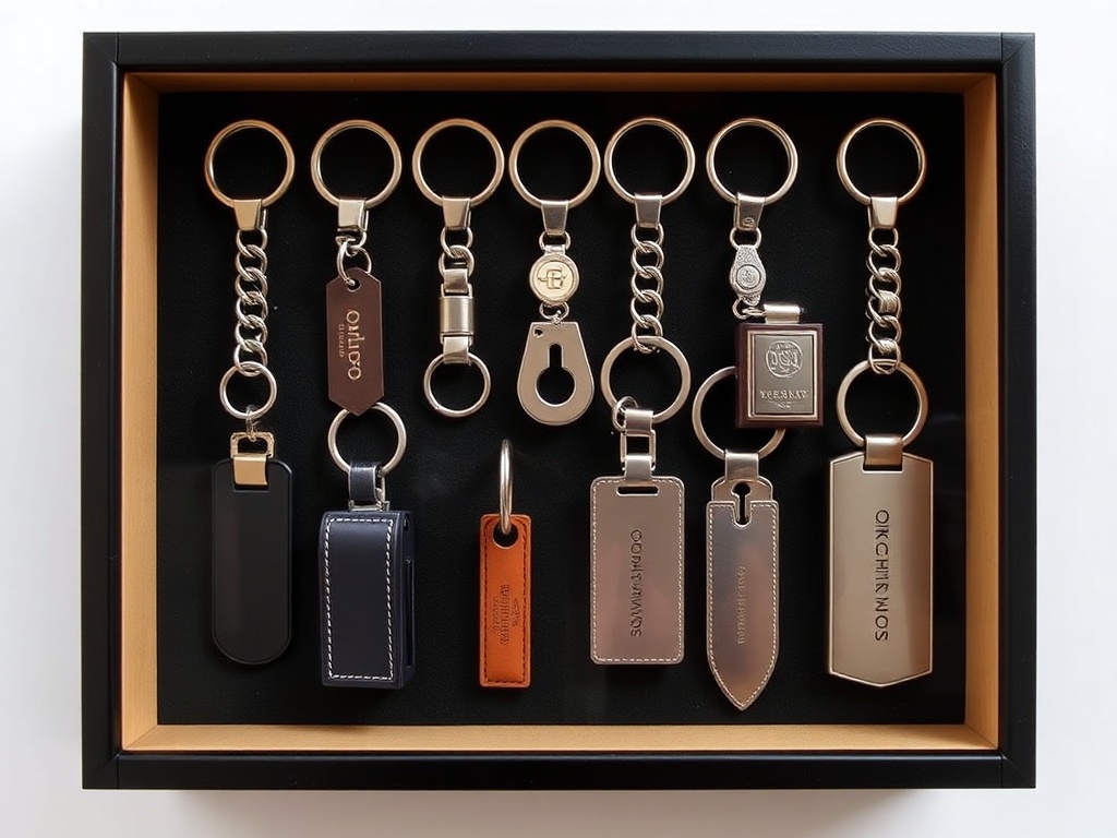 keychain collection displayed in shadow box with consistent hardware minimal design