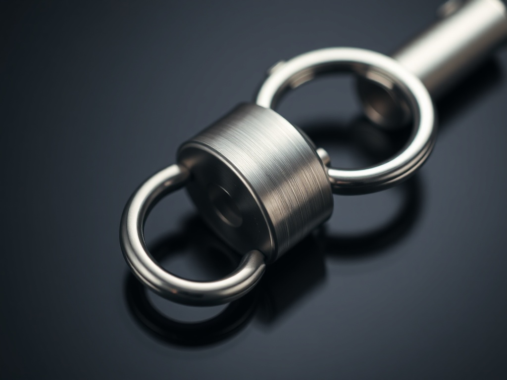macro shot of premium metal keychain hardware with brushed steel finish, soft studio lighting, minimal aesthetic