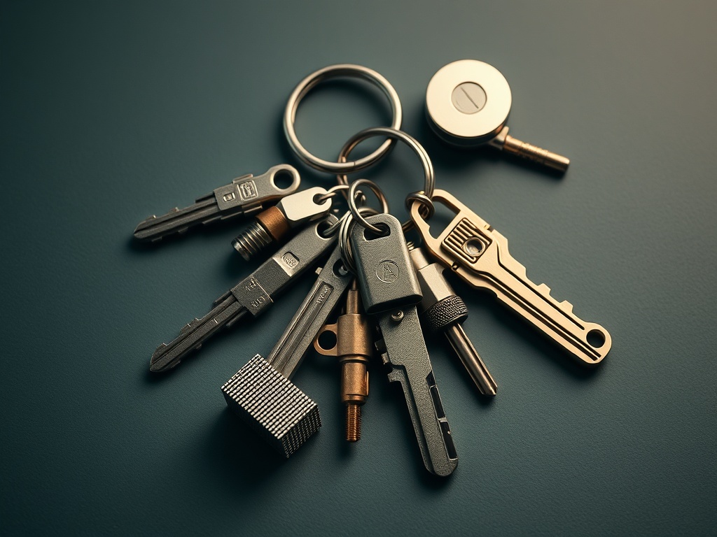 messy keychain setup with mixed cheap hardware contrasted with clean minimal premium setup