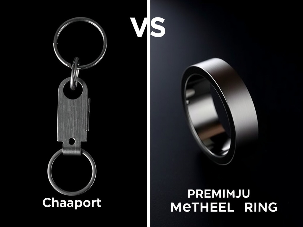 side by side comparison cheap keychain ring vs premium machined metal ring, high contrast lighting
