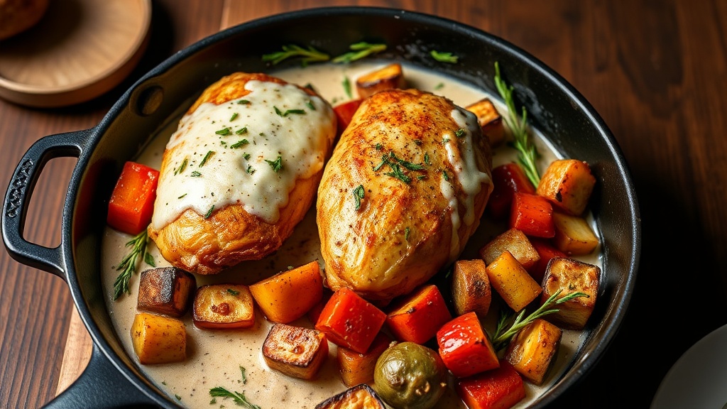 One-Pan Creamy Garlic Parmesan Chicken with Roasted Vegetables