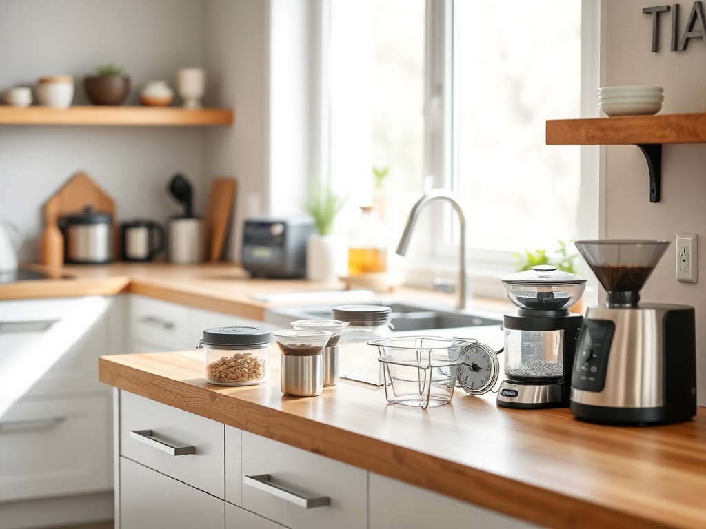 a modern kitchen with various gadgets neatly arranged on a wooden countertop, with a bright, airy background and natural light shining in