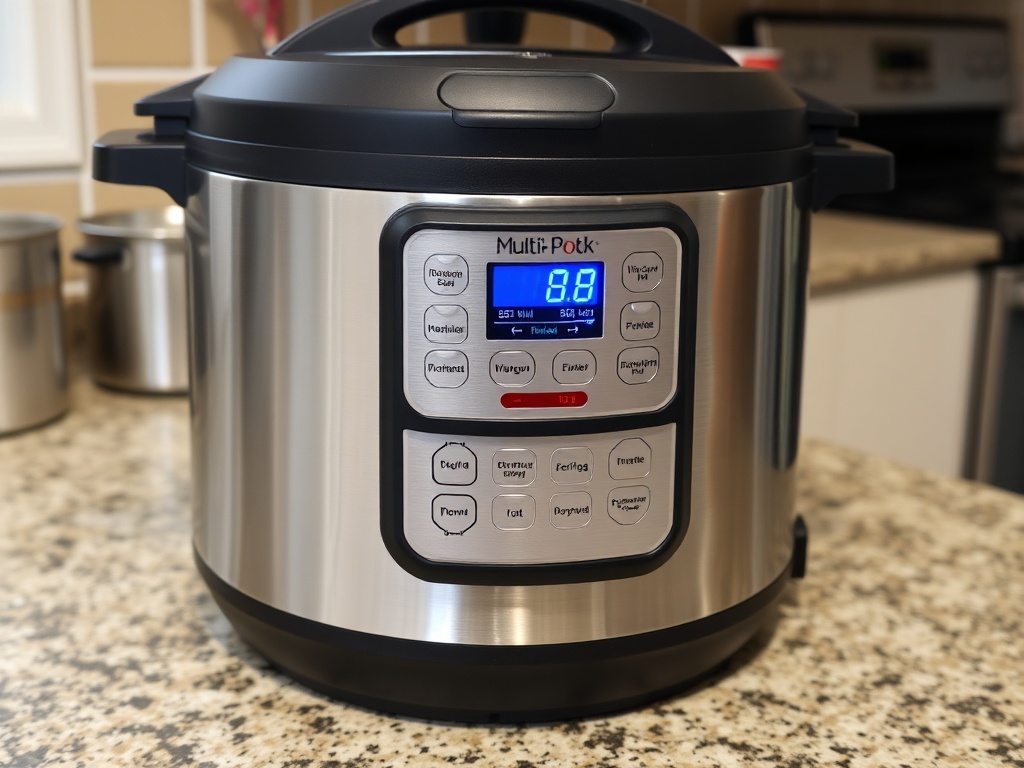 a multi-cooker on a kitchen counter, displaying a simmering stew with vegetables, ready for serving