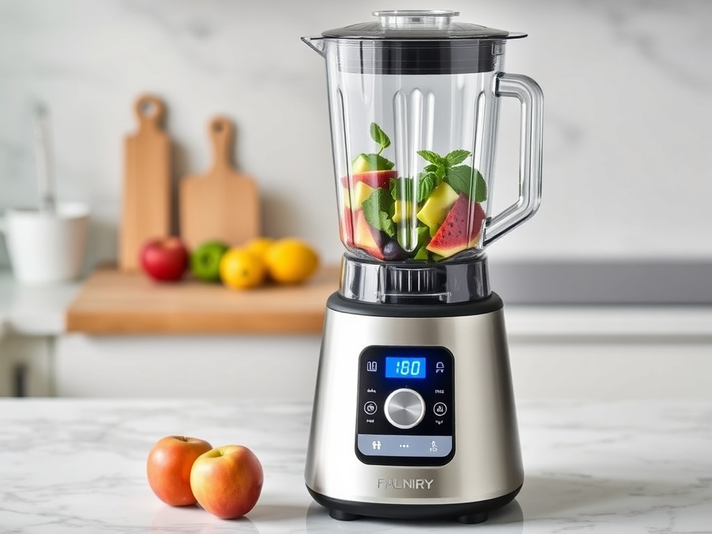 a sleek and modern blender with a touchscreen control panel, placed on a marble countertop with a few fruits nearby