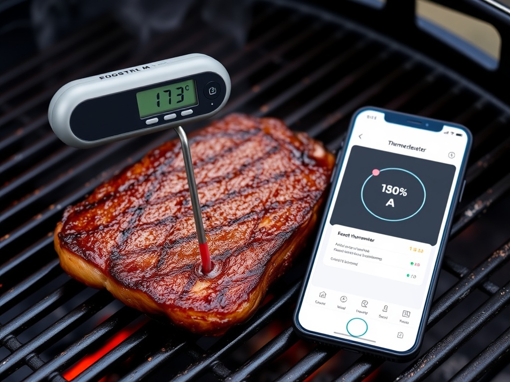a smart thermometer with a sleek design, inserted into a steak on a grill, with a phone showing the app interface