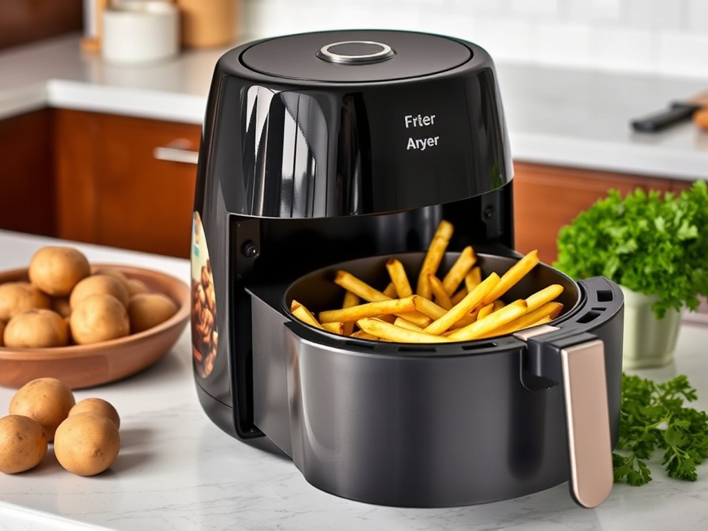 an air fryer on a kitchen counter with golden crispy fries in the basket, surrounded by fresh ingredients like potatoes and herbs