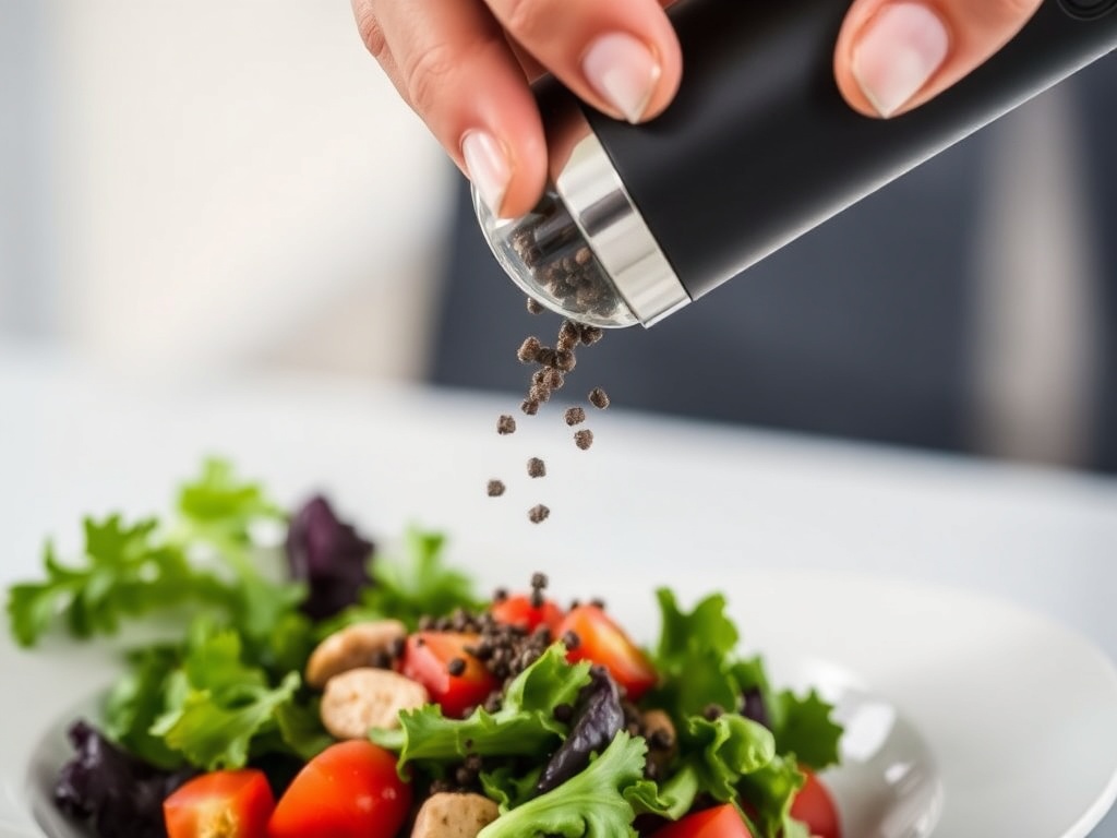 an electric pepper grinder in action, grinding fresh pepper over a salad, with a sleek modern design