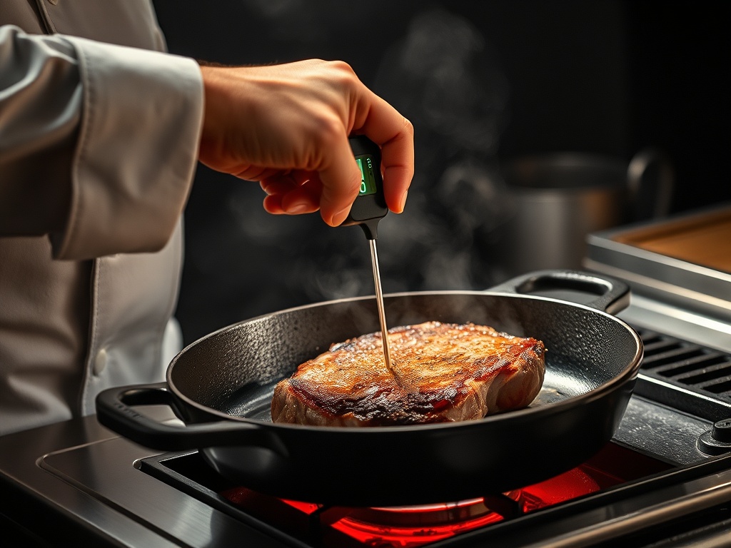 chef checking steak temperature with instant-read thermometer in a cast iron pan, dramatic lighting