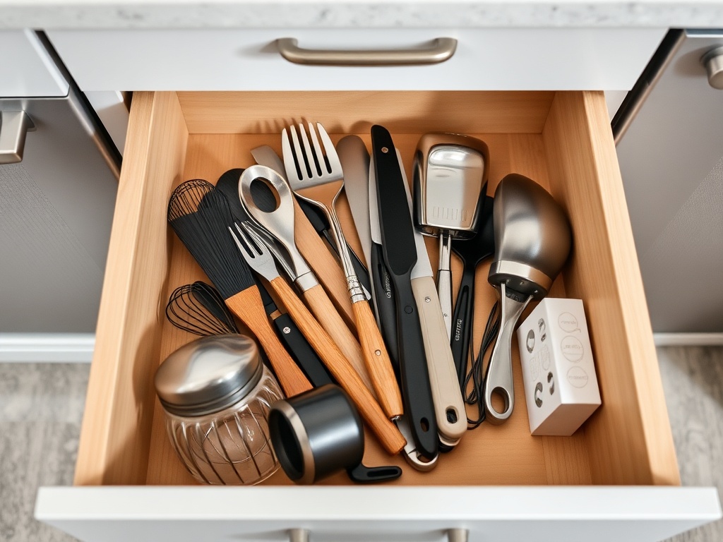 clean organized kitchen drawer with only essential high-quality gadgets neatly arranged