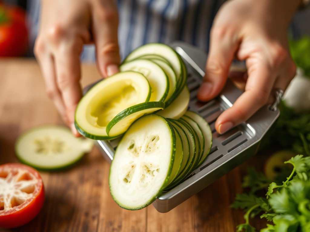 close-up of hands using a mandoline slicer to create perfectly even vegetable slices, shallow depth of field
