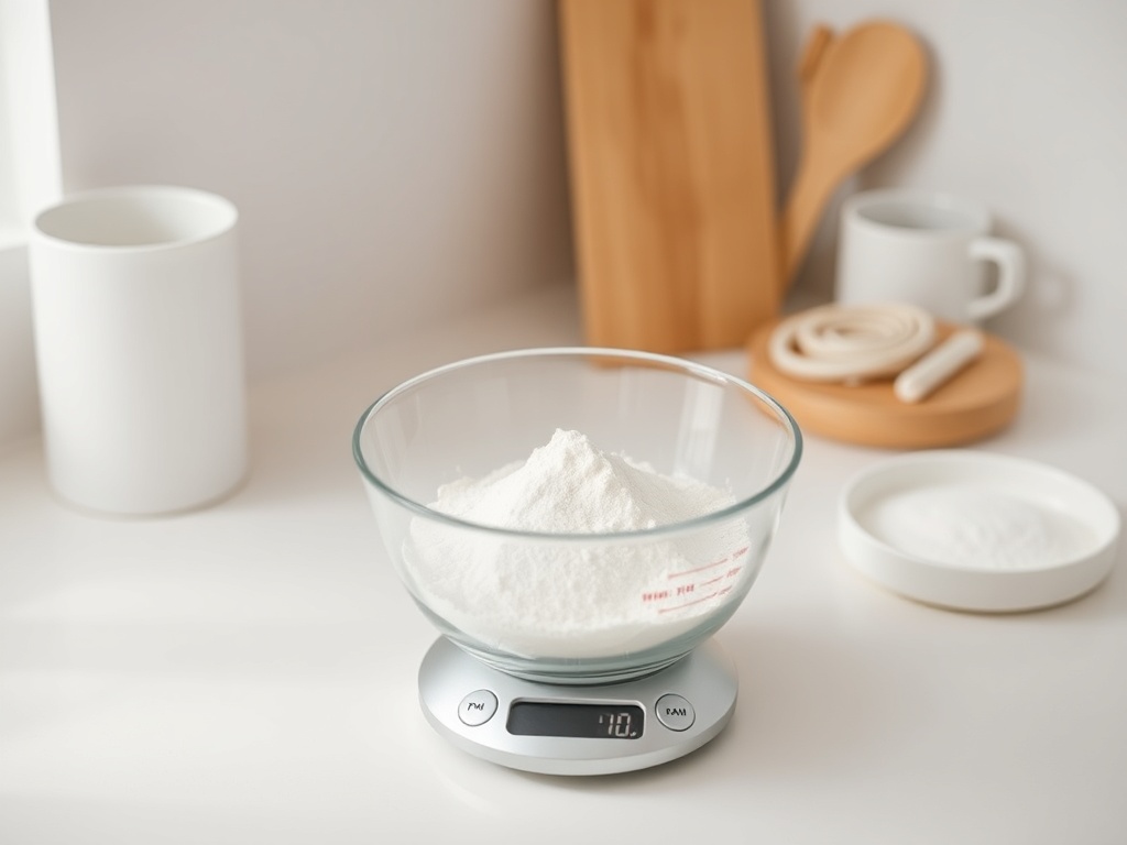 minimalist kitchen setup with digital scale measuring flour in a bowl, clean aesthetic
