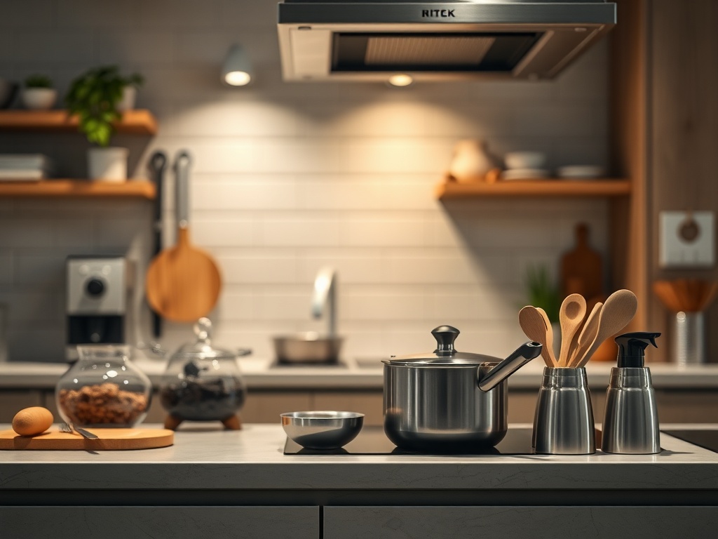 modern kitchen counter with neatly arranged small kitchen gadgets, warm lighting, realistic cooking environment