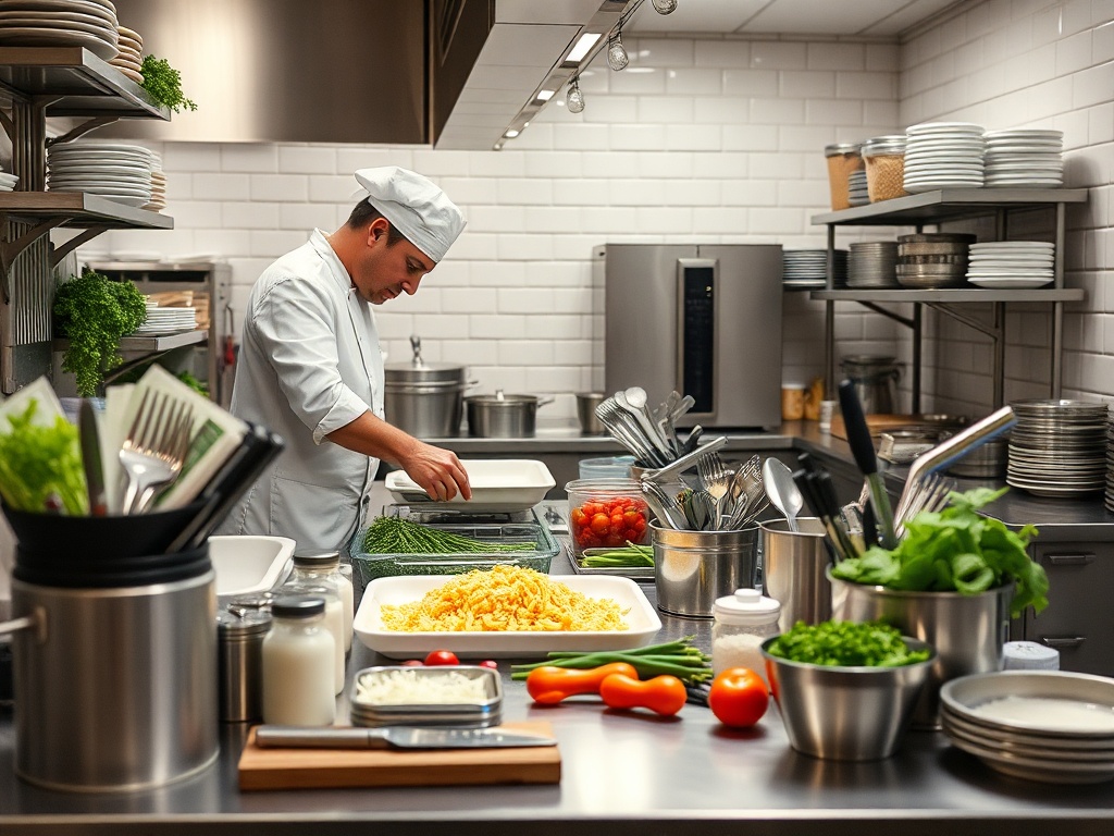 professional kitchen prep station with organized tools and ingredients, chef working efficiently