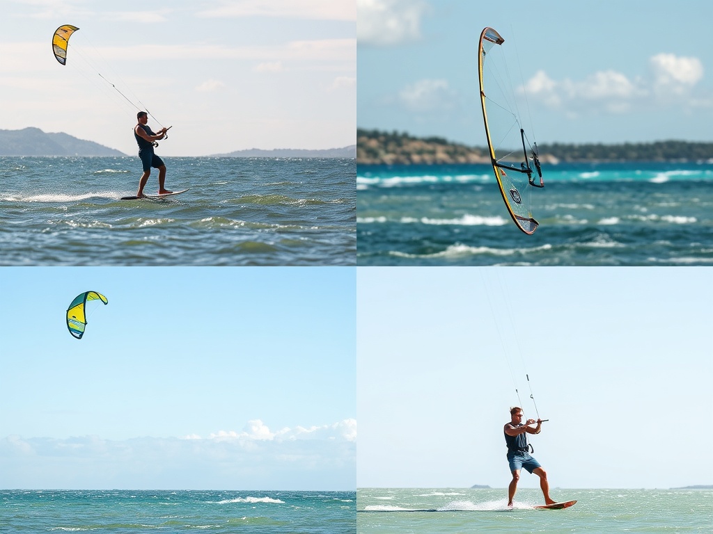 a kiteboarder adjusting the kite in various wind conditions, with different environments in the background