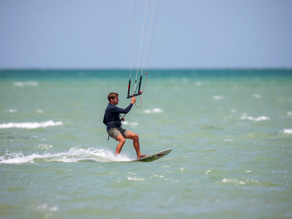 a kiteboarder on the water, focused and in full control of the kite