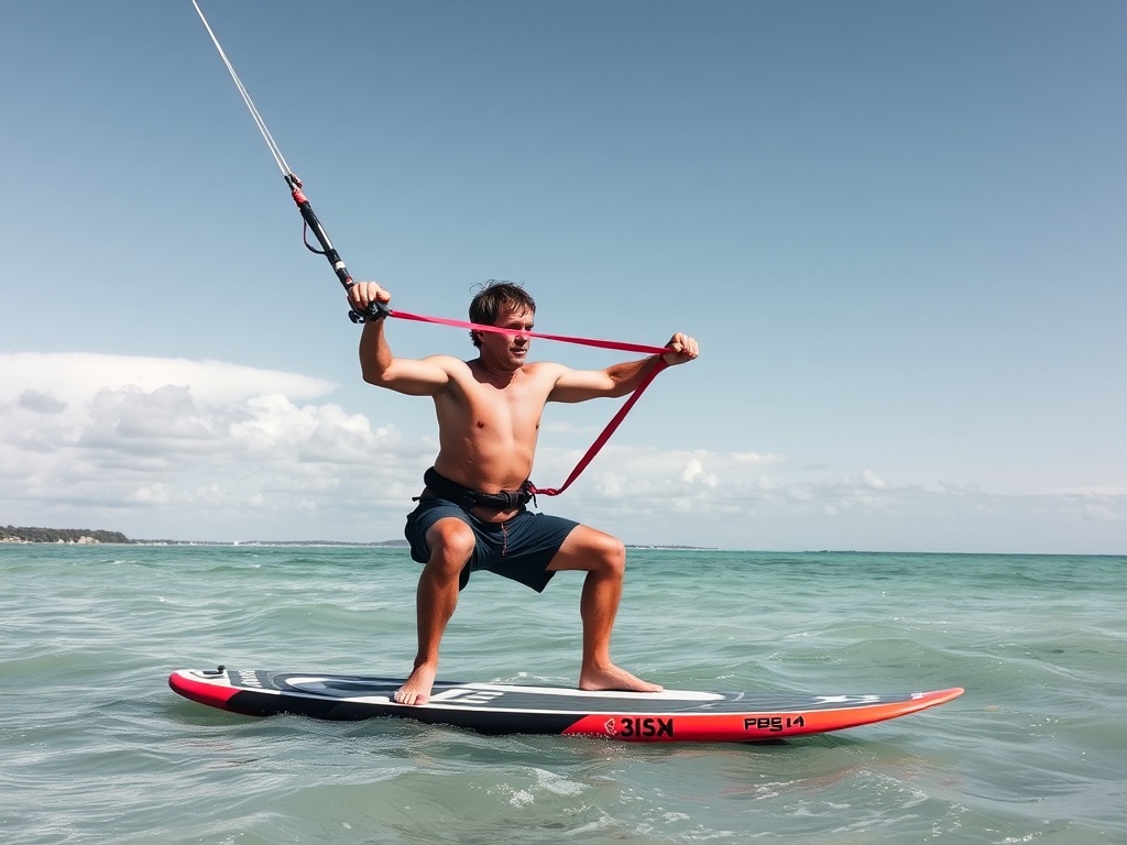 a kiteboarder performing squats with a resistance band