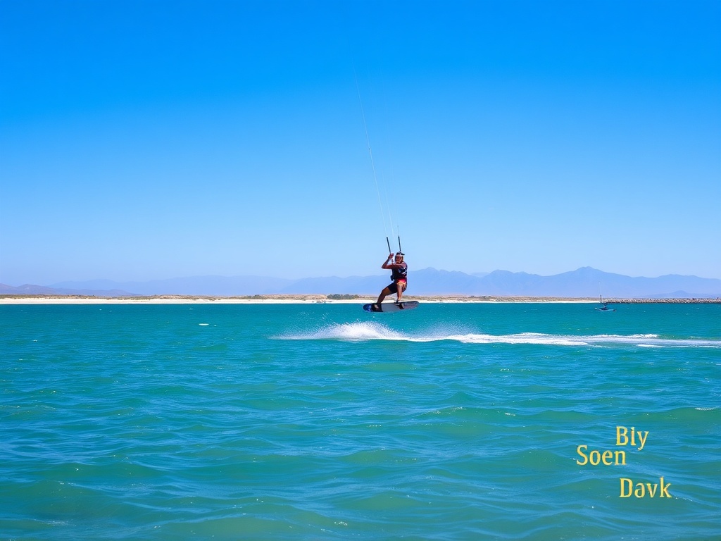 a kiteboarder practicing jumps on a calm water surface, with clear blue skies and a distant mountain backdrop