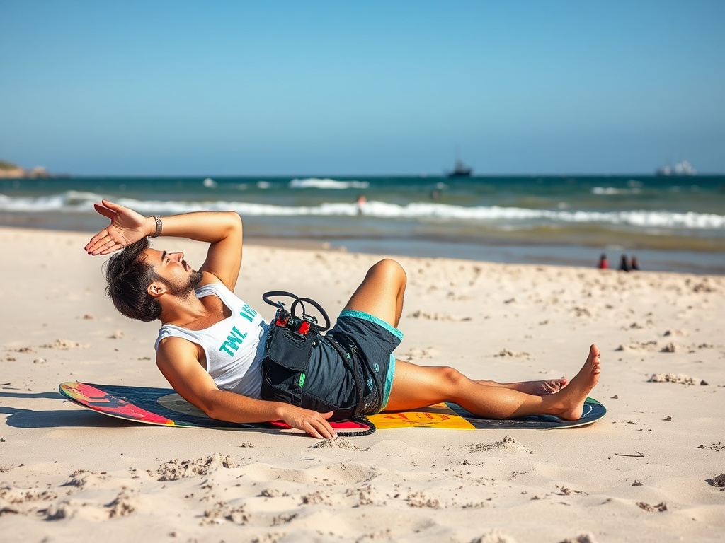 a kiteboarder relaxing and stretching after a kiteboarding session, on a sandy beach
