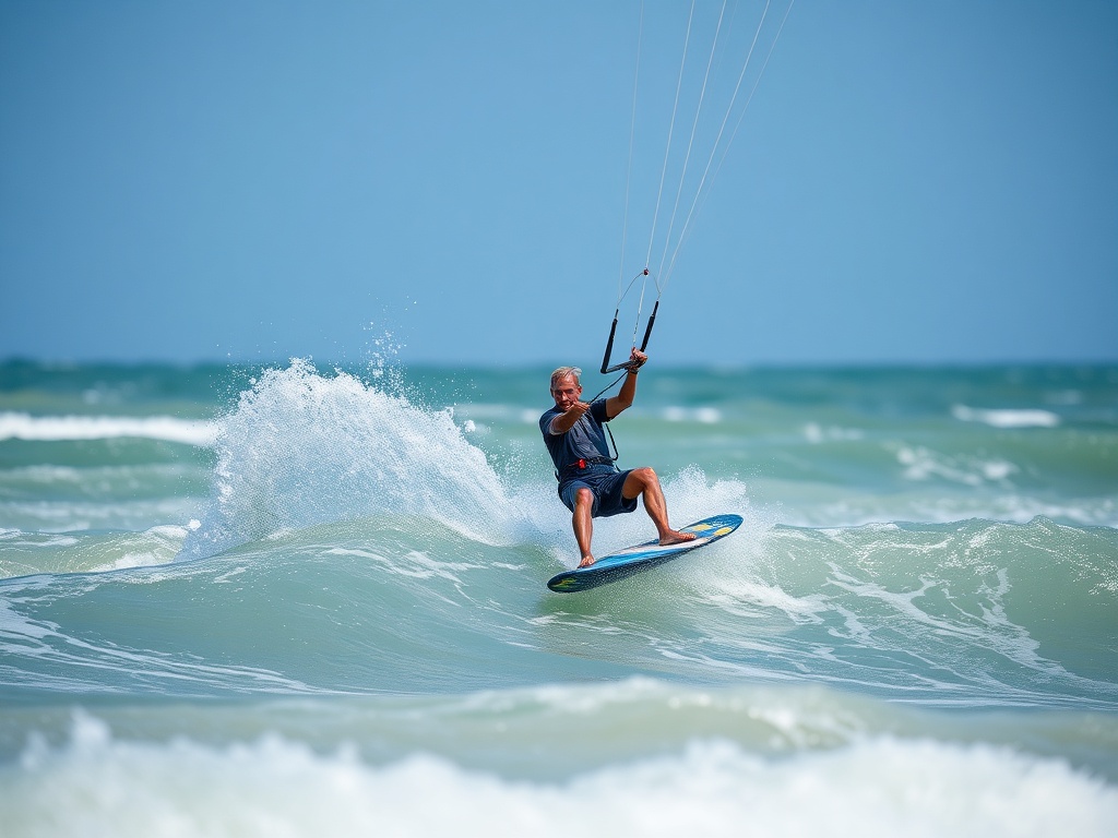 a kiteboarder riding waves with a strong wind, showing great stamina