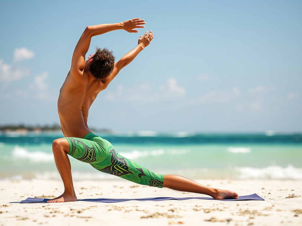 a kiteboarder stretching on a yoga mat before hitting the water
