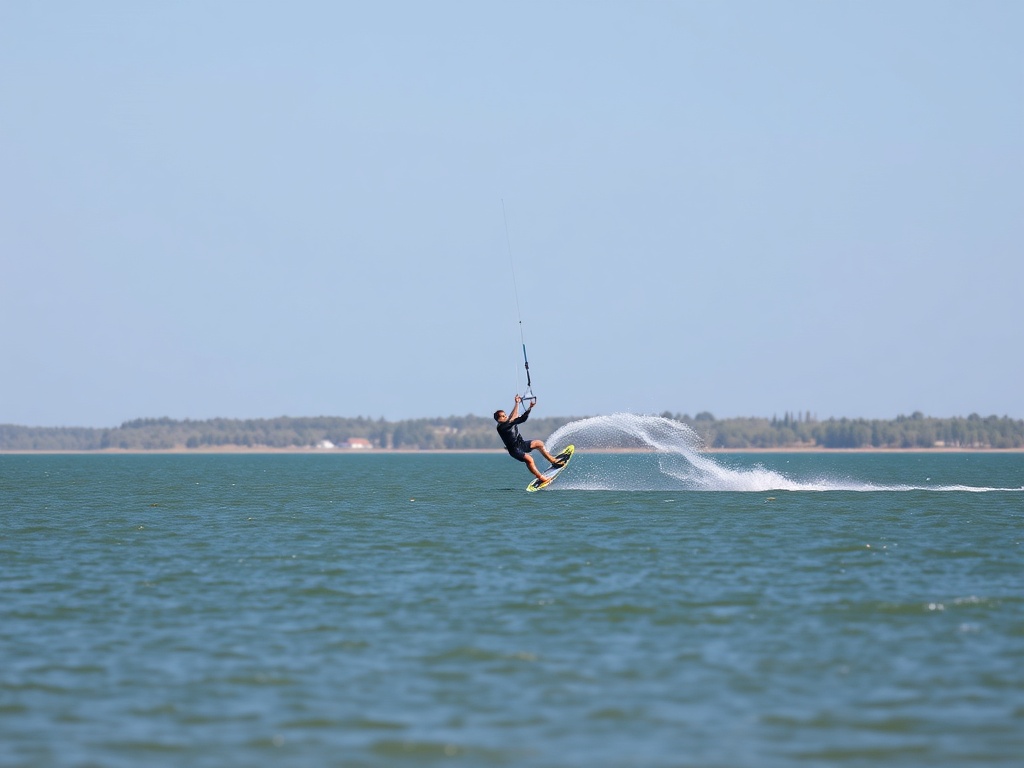 a kiteboarder successfully performing a water start on a calm lake