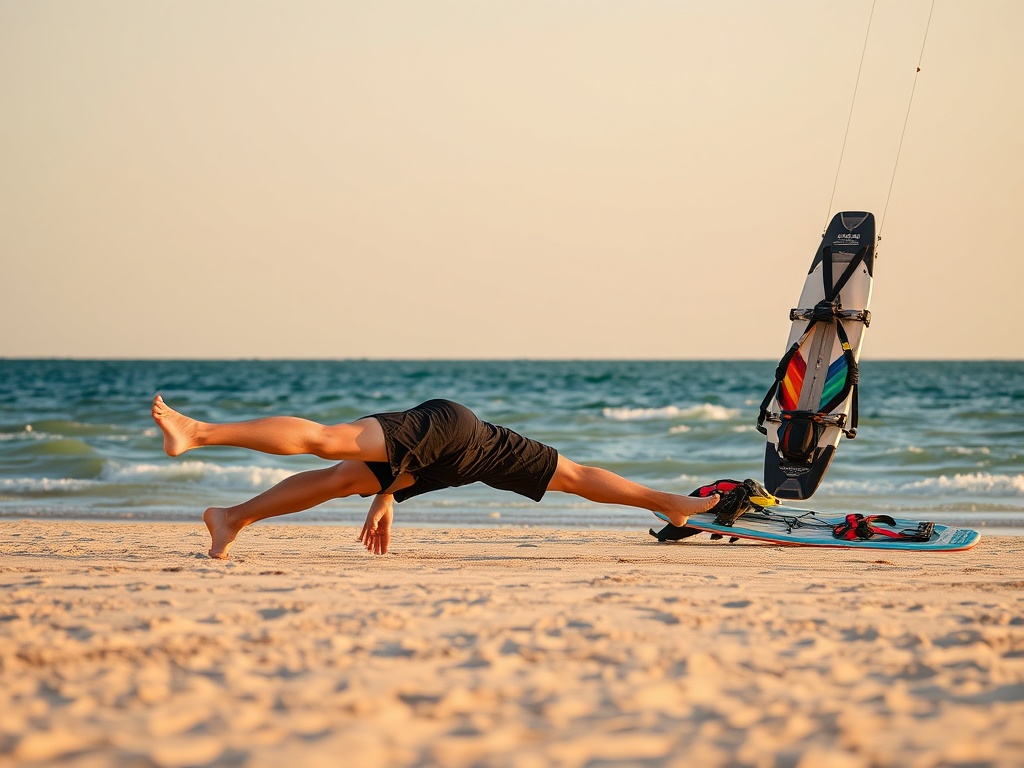 a person performing a plank exercise on a beach with kiteboarding gear nearby