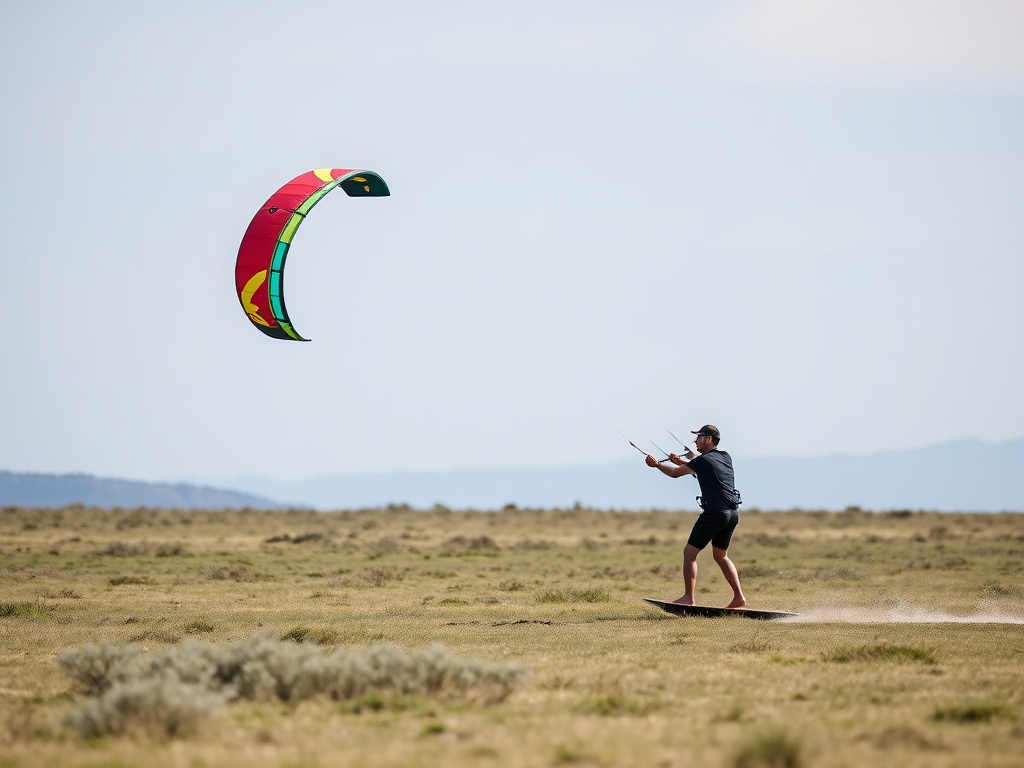 kiteboarder practicing kite control on land with a large colorful kite in an open field
