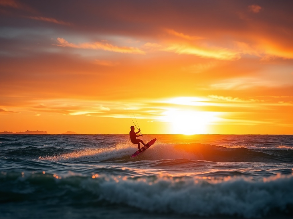 kiteboarder riding the waves under a beautiful sunset