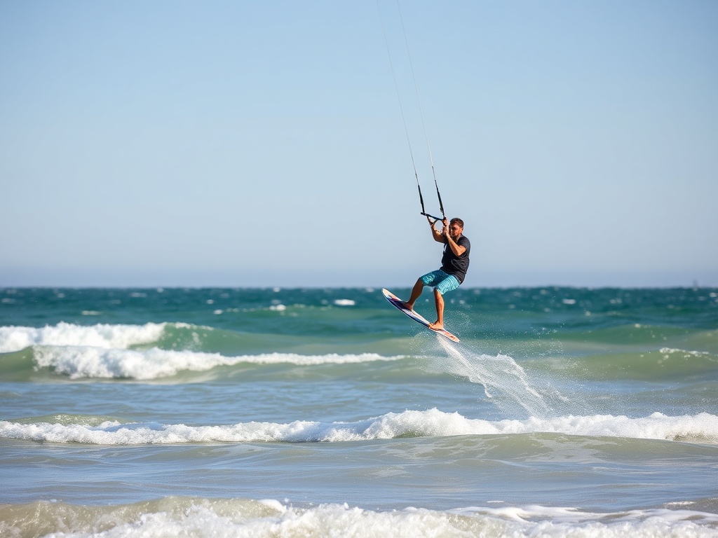 kiteboarding jump in action with background of clear sky and waves