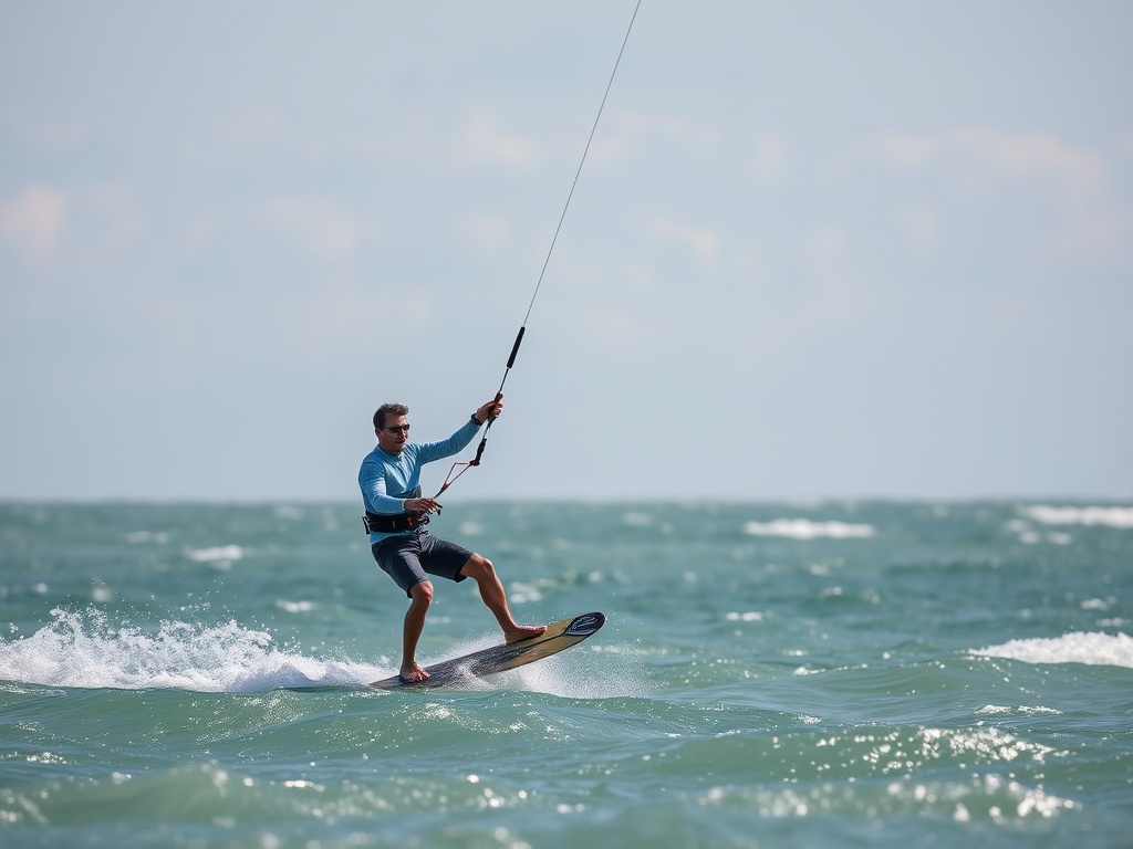 kiteboarding rider adjusting kite in variable winds